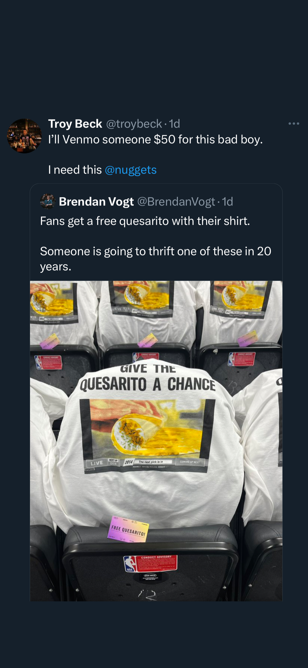 a social media post showing the t-shirt and claiming "someone is going to thrift on the these in 20 years"