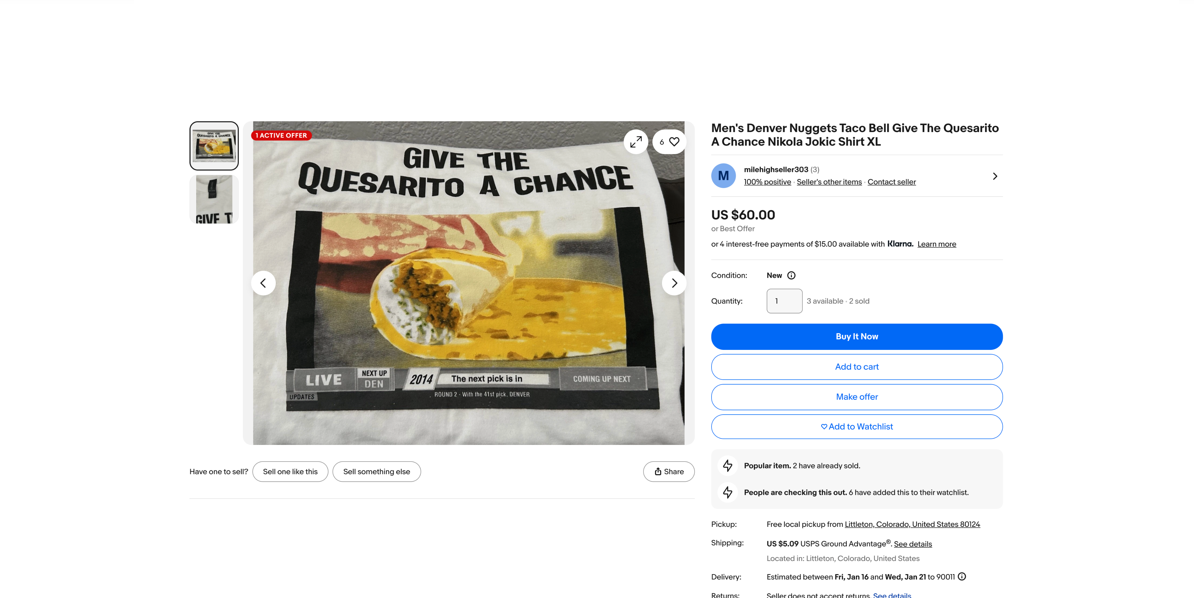 screenshot of someone selling the t-shirt online for $60